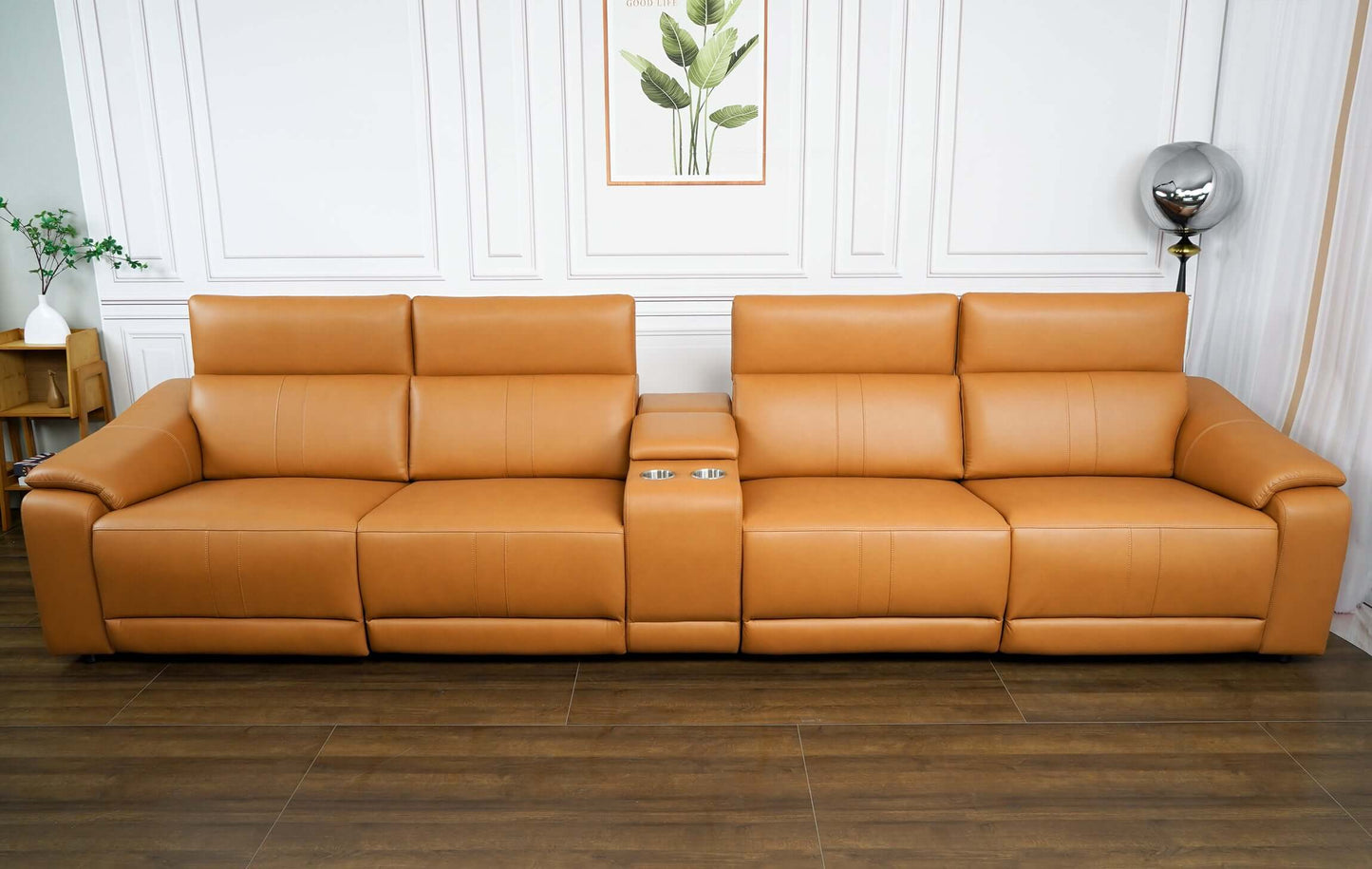 Modern Modular Leather Reclining Sectional Sofa – 5 Piece Couch with Cup Holders (4 Seat) in a stylish living room setting.