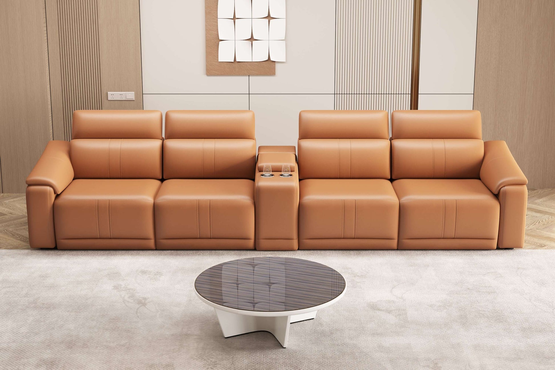 Modern Modular Leather Reclining Sectional Sofa – 5 Piece Couch with Cup Holders (4 Seat) in stylish living room setting.