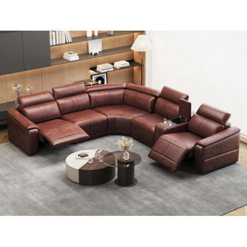 Modern Modular Leather Reclining Sectional Sofa – 6 Piece Couch with Cup Holders (Seats 5) in a stylish living room setting.