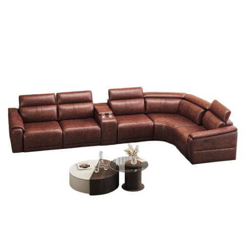 Modern Modular Leather Reclining Sectional Sofa – 6 Piece Couch with Cup Holders (Seats 5) in a stylish living room setup.