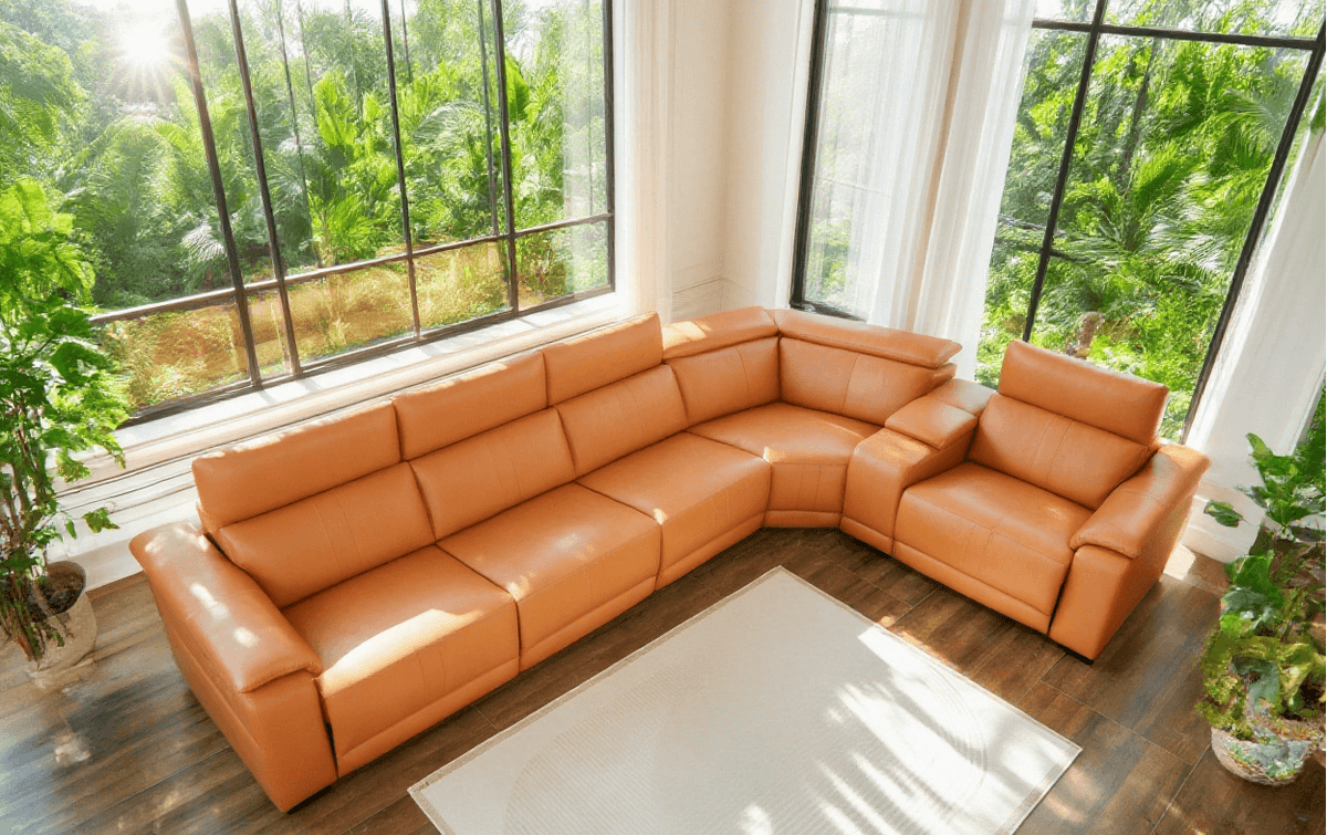 Modern Modular Leather Reclining Sectional Sofa – 6 Piece Couch with Cup Holders (Seats 5) in a bright living room.