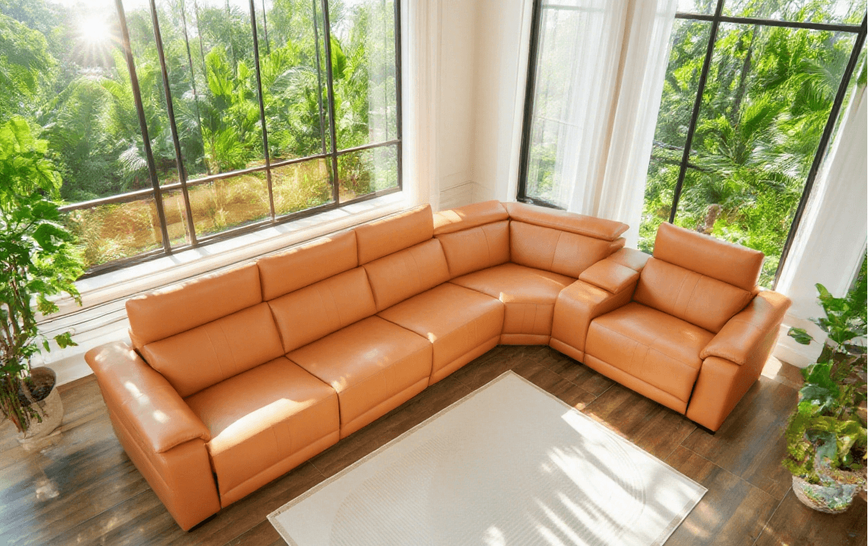 Modern Modular Leather Reclining Sectional Sofa – 6 Piece Couch with Cup Holders (Seats 5) in a bright living room.