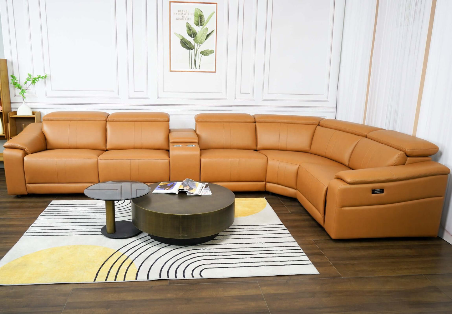 Modern Modular Leather Reclining Sectional Sofa – 6 Piece Couch with Cup Holders (Seats 5) in a stylish living room setting.