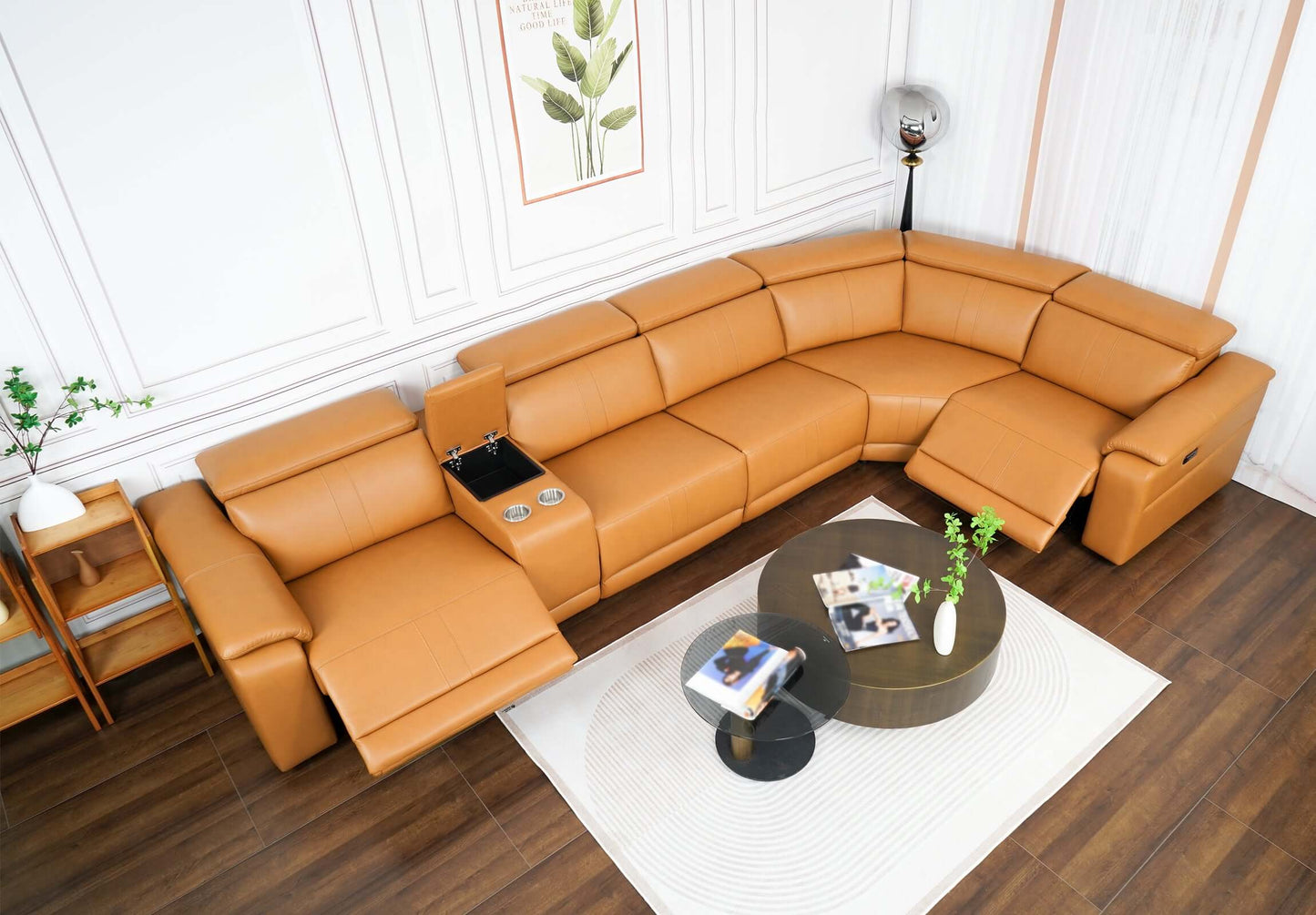 Modern Modular Leather Reclining Sectional Sofa – 6 Piece Couch with Cup Holders (Seats 5) in a spacious living room setting.