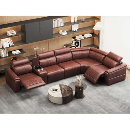 Modern Modular Leather Reclining Sectional Sofa – 6 Piece Couch with Cup Holders (Seats 5) in a cozy living room setup.