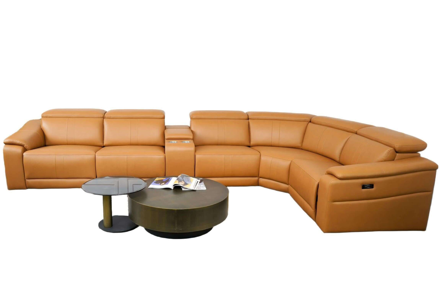 Modern Modular Leather Reclining Sectional Sofa – 6 Piece Couch with Cup Holders (Seats 5) in stylish brown leather.