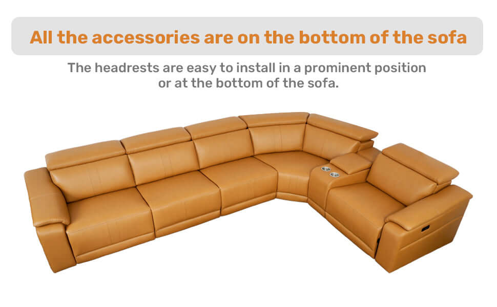 Modern Modular Leather Reclining Sectional Sofa – 6 Piece Couch with Cup Holders (Seats 5) showcasing accessories and headrests.