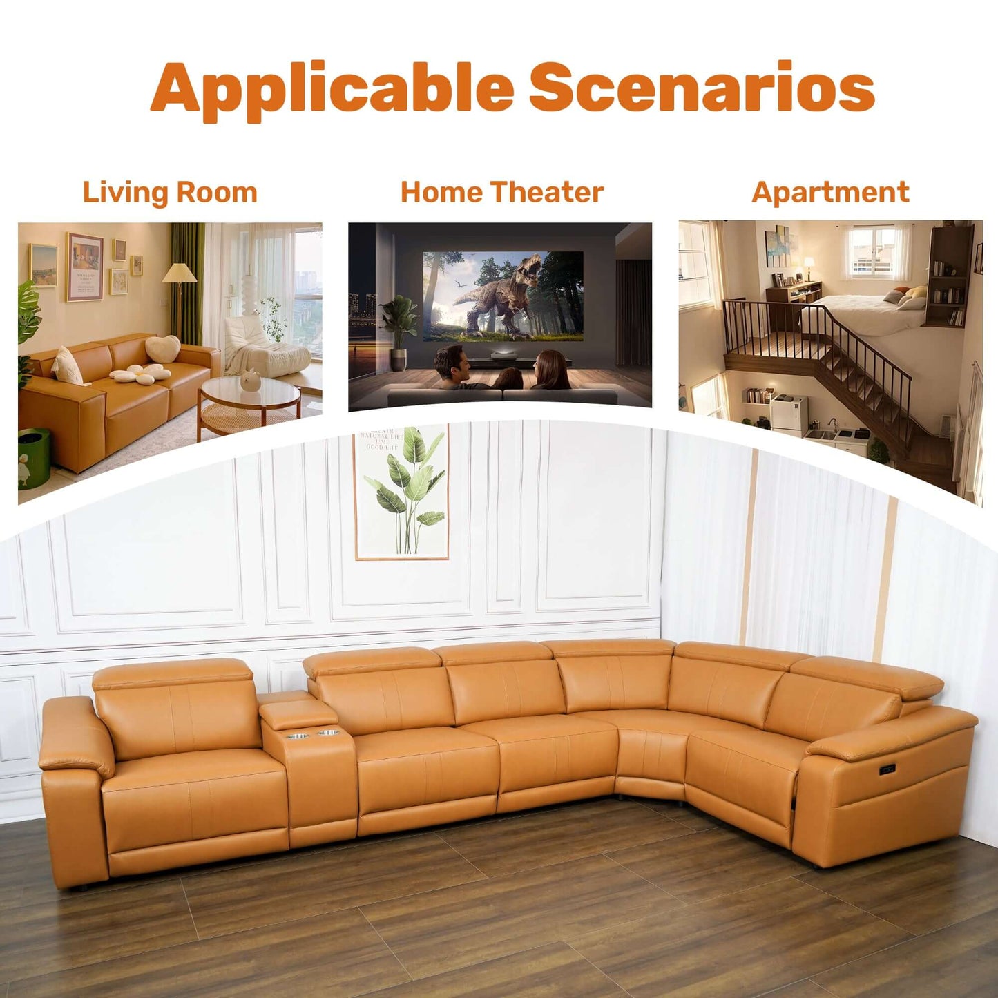 Modern Modular Leather Reclining Sectional Sofa – 6 Piece Couch with Cup Holders (Seats 5) in living room, home theater, and apartment settings.