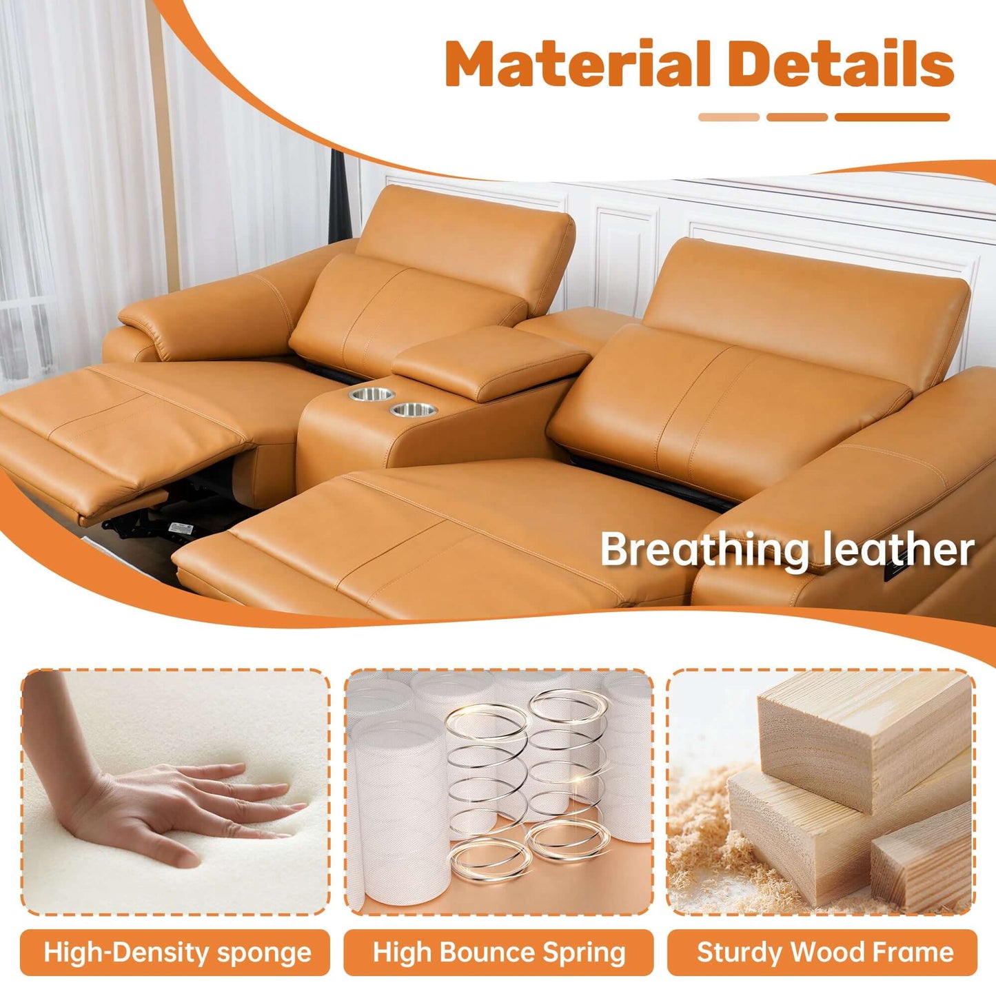 Material details of Modern Modular Leather Reclining Sectional Sofa – 5 Piece Couch with Cup Holders (4 Seat) featuring high-density sponge.