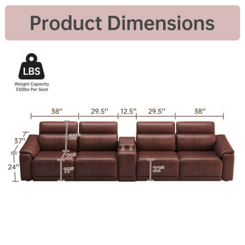 Product dimensions of Modern Modular Leather Reclining Sectional Sofa – 5 Piece Couch with Cup Holders (4 Seat)