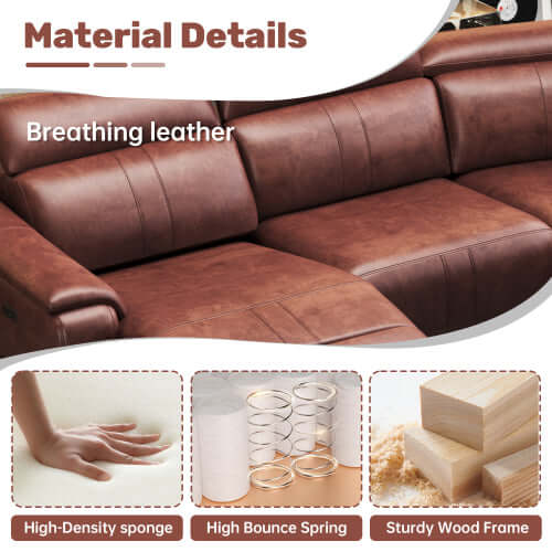Modern Modular Leather Reclining Sectional Sofa – 6 Piece Couch with Cup Holders (Seats 5) material details, including breathing leather.