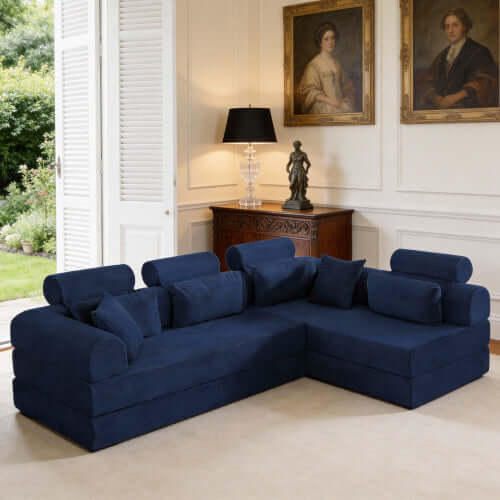 Modern Corduroy Sleeper Sectional – L-Shape Modular Sofa Bed (106” Convertible Couch) in a stylish living room setting.