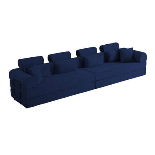 Modern Corduroy Sleeper Sectional – L-Shape Modular Sofa Bed (106” Convertible Couch) in navy blue upholstery.