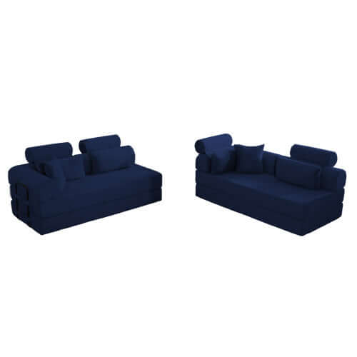 Modern Corduroy Sleeper Sectional – L-Shape Modular Sofa Bed (106” Convertible Couch) in navy blue fabric with plush cushions.
