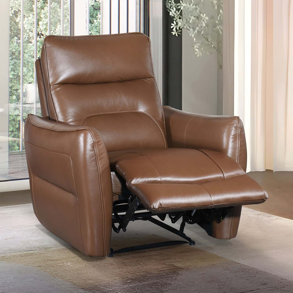 Modern Premium Leather Recliner Chair – Power Reclining Accent Chair (2 Colors) in brown leather finish reclining open.