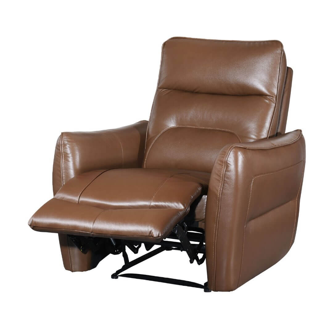 Modern Premium Leather Recliner Chair – Power Reclining Accent Chair (2 Colors) in brown leather upholstery.