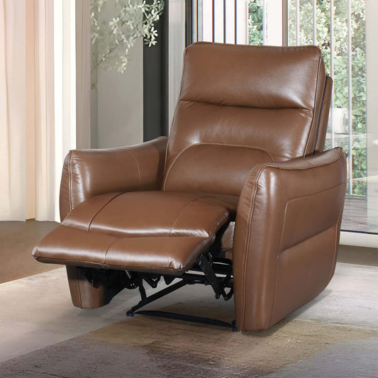 Modern Premium Leather Recliner Chair – Power Reclining Accent Chair (2 Colors) in brown leather with reclined position.