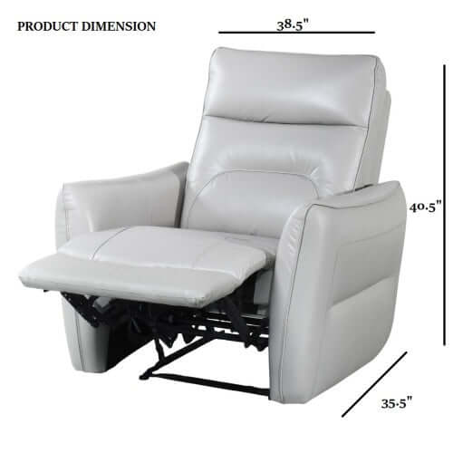 Modern Premium Leather Recliner Chair – Power Reclining Accent Chair (2 Colors) with product dimensions and specifications.