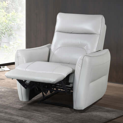 Modern Premium Leather Recliner Chair – Power Reclining Accent Chair (2 Colors) in light gray with reclined footrest.