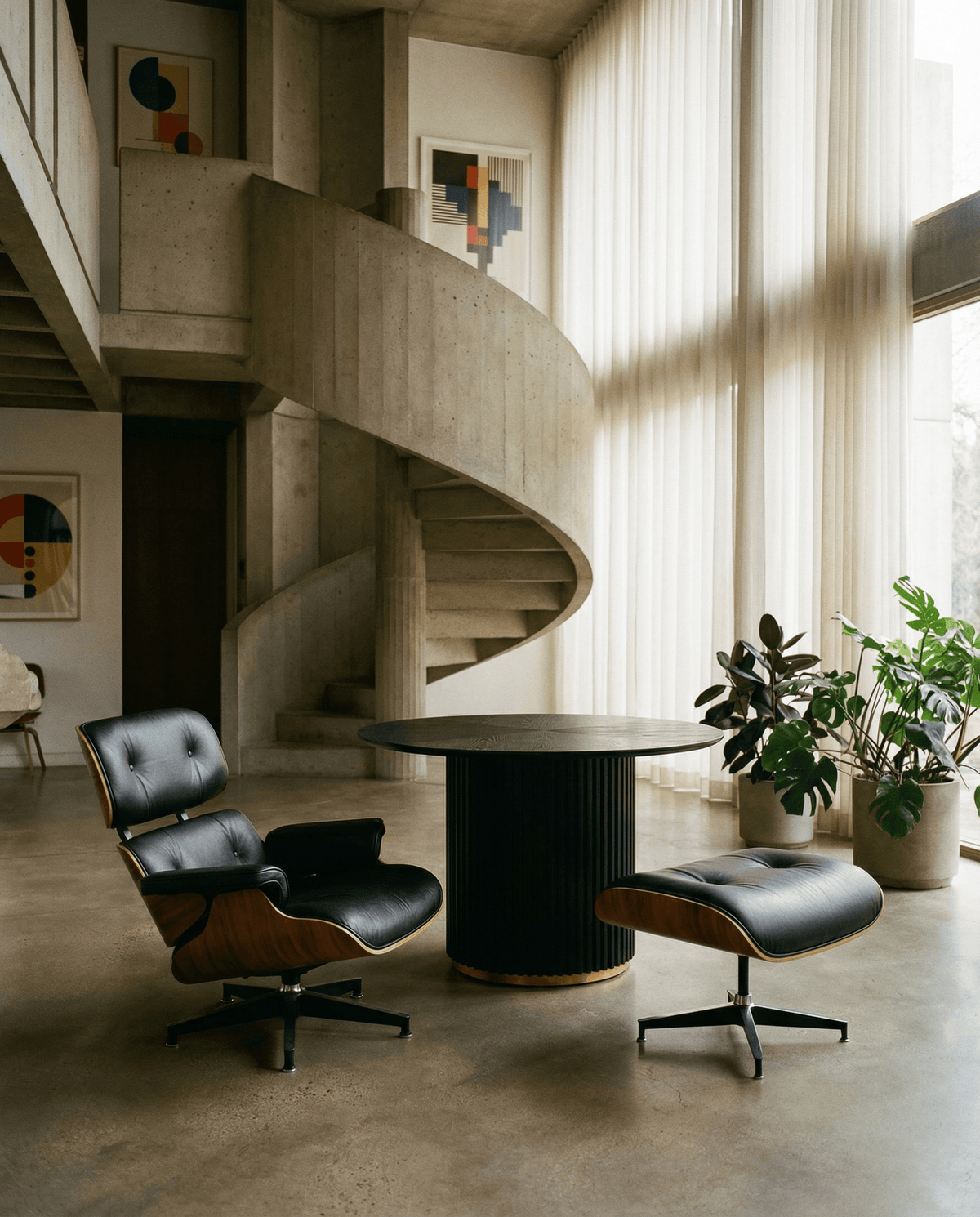 Round Pedestal Dining Table – 47.25” Modern Round Dining Table (3 Colors) with stylish chairs in a modern interior.