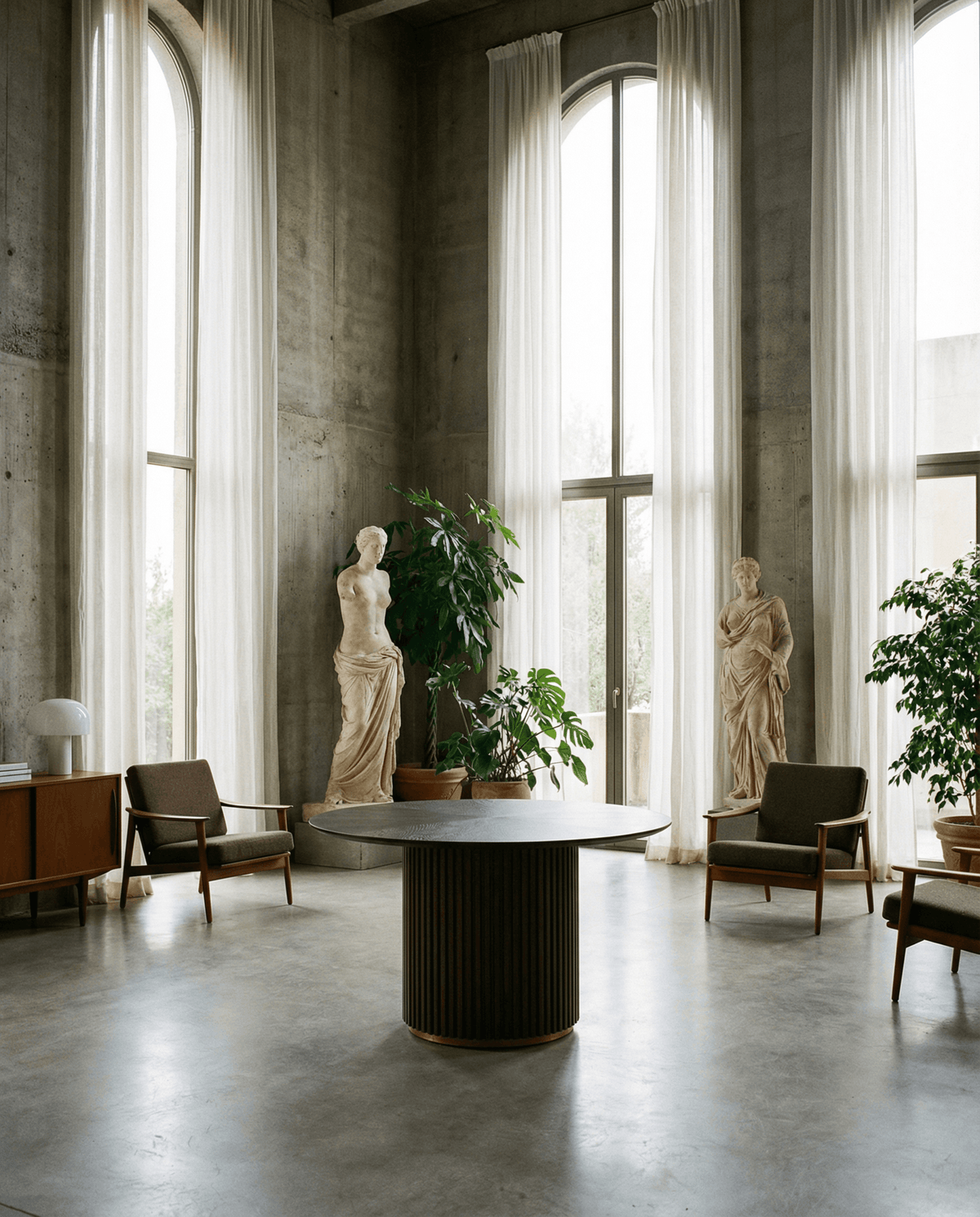 Round Pedestal Dining Table – 47.25” Modern Round Dining Table (3 Colors) in a stylish interior with statues and plants.