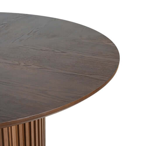Round Pedestal Dining Table – 47.25” Modern Round Dining Table (3 Colors) close-up view of the walnut finish top.