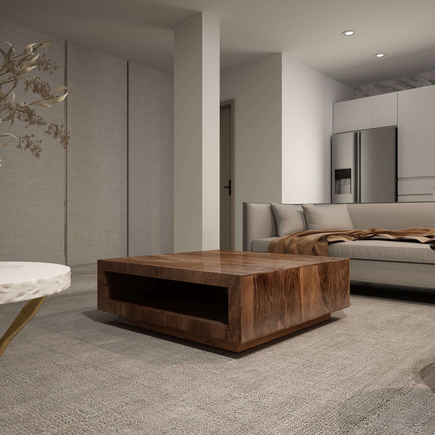 37.4" Modern Solid Wood Square Coffee Table with Open Shelf Storage in a contemporary living room setting.