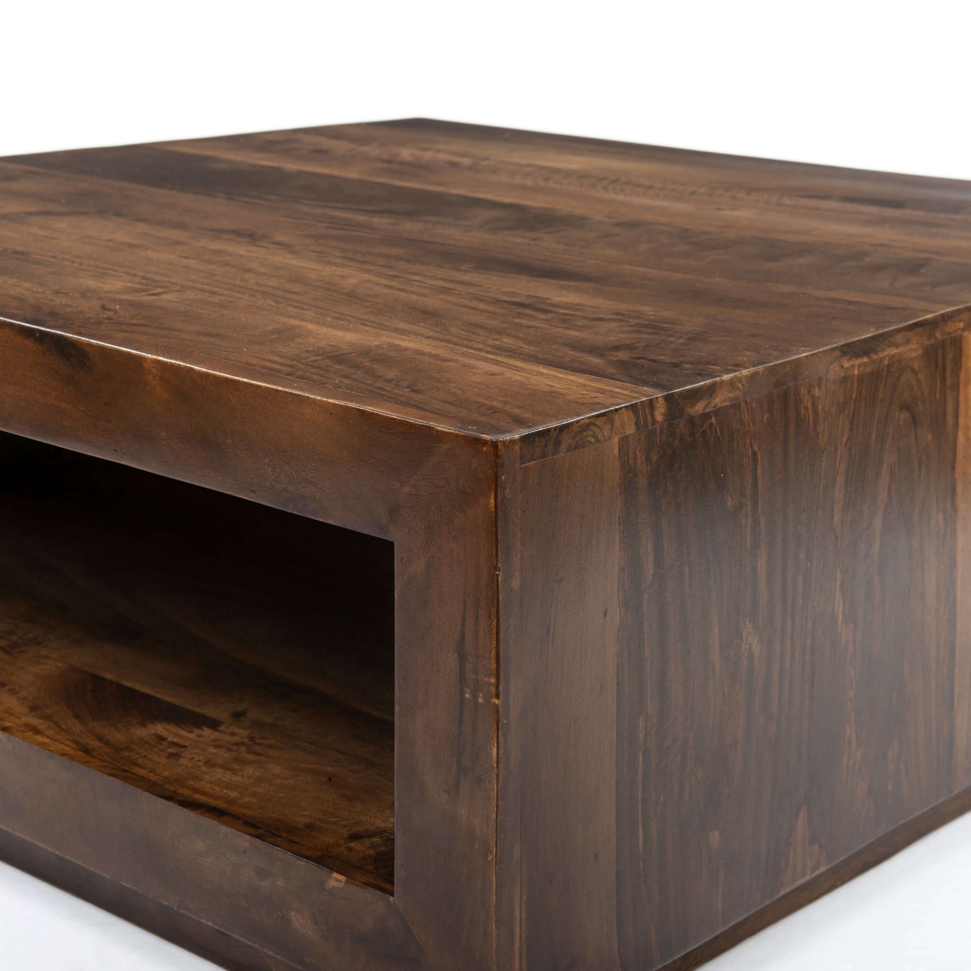 37.4" Modern Solid Wood Square Coffee Table with Open Shelf Storage featuring a rich brown finish and open shelf.