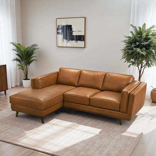Modern Tan Leather Chaise Sofa Sectional 92” – in room setting