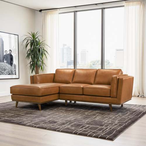Modern Tan Leather Chaise Sofa Sectional 92” – in room setting