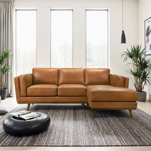 Modern Tan Leather Chaise Sofa Sectional 92” – in room setting