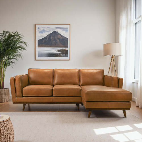 Modern Tan Leather Chaise Sofa Sectional 92” – in room setting