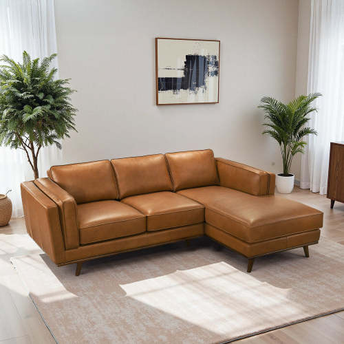 Modern Tan Leather Chaise Sofa Sectional 92” – in room setting