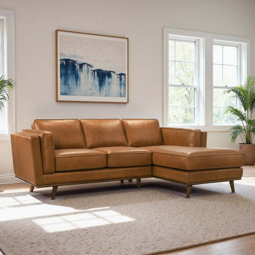 Modern Tan Leather Chaise Sofa Sectional 92” – in room setting