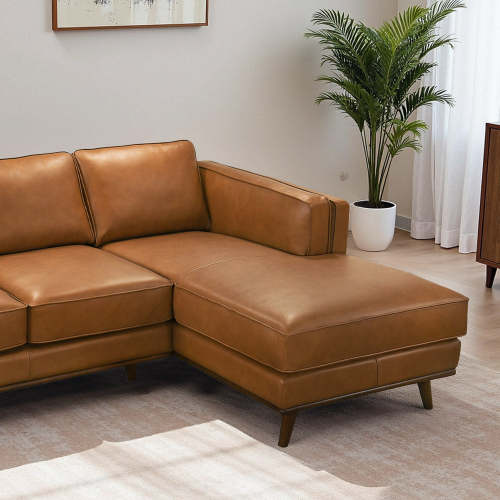 Modern Tan Leather Chaise Sofa Sectional 92” – in room setting