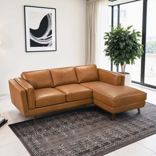 Modern Tan Leather Chaise Sofa Sectional 92” – in room setting