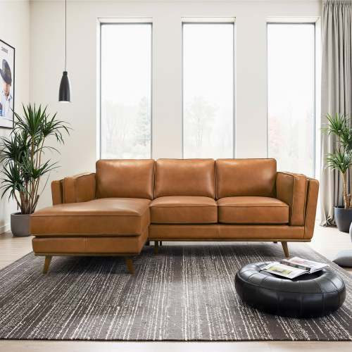 Modern Tan Leather Chaise Sofa Sectional 92” – in room setting