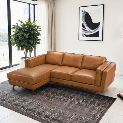 Modern Tan Leather Chaise Sofa Sectional 92” – in room setting