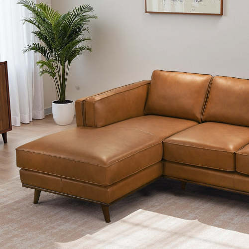 Modern Tan Leather Chaise Sofa Sectional 92” – in room setting