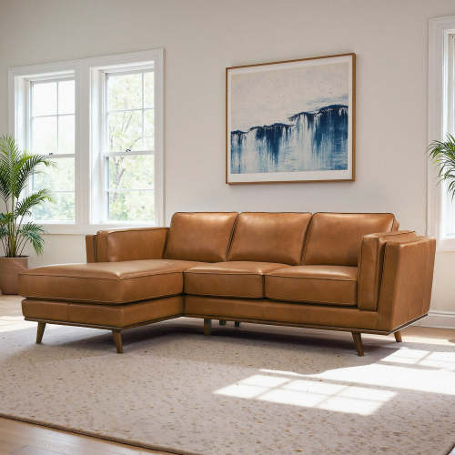 Modern Tan Leather Chaise Sofa Sectional 92” – in room setting