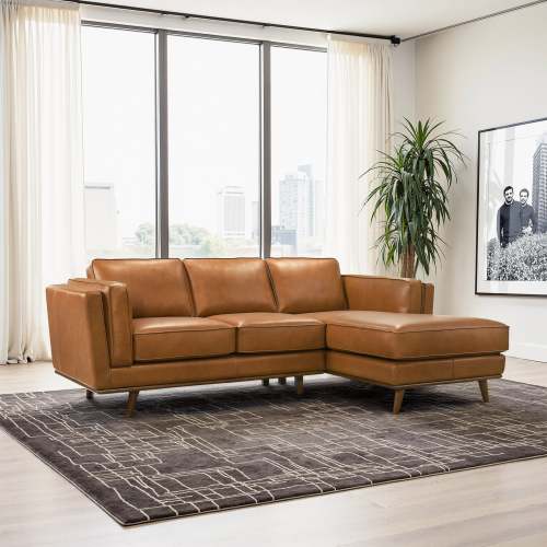 Modern Tan Leather Chaise Sofa Sectional 92” – in room setting