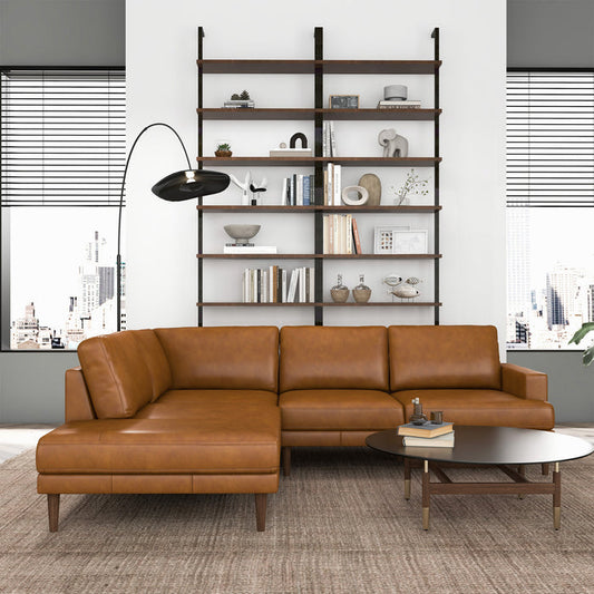 Modern Tan Leather Sectional Chaise Sofa 108” – in room setting