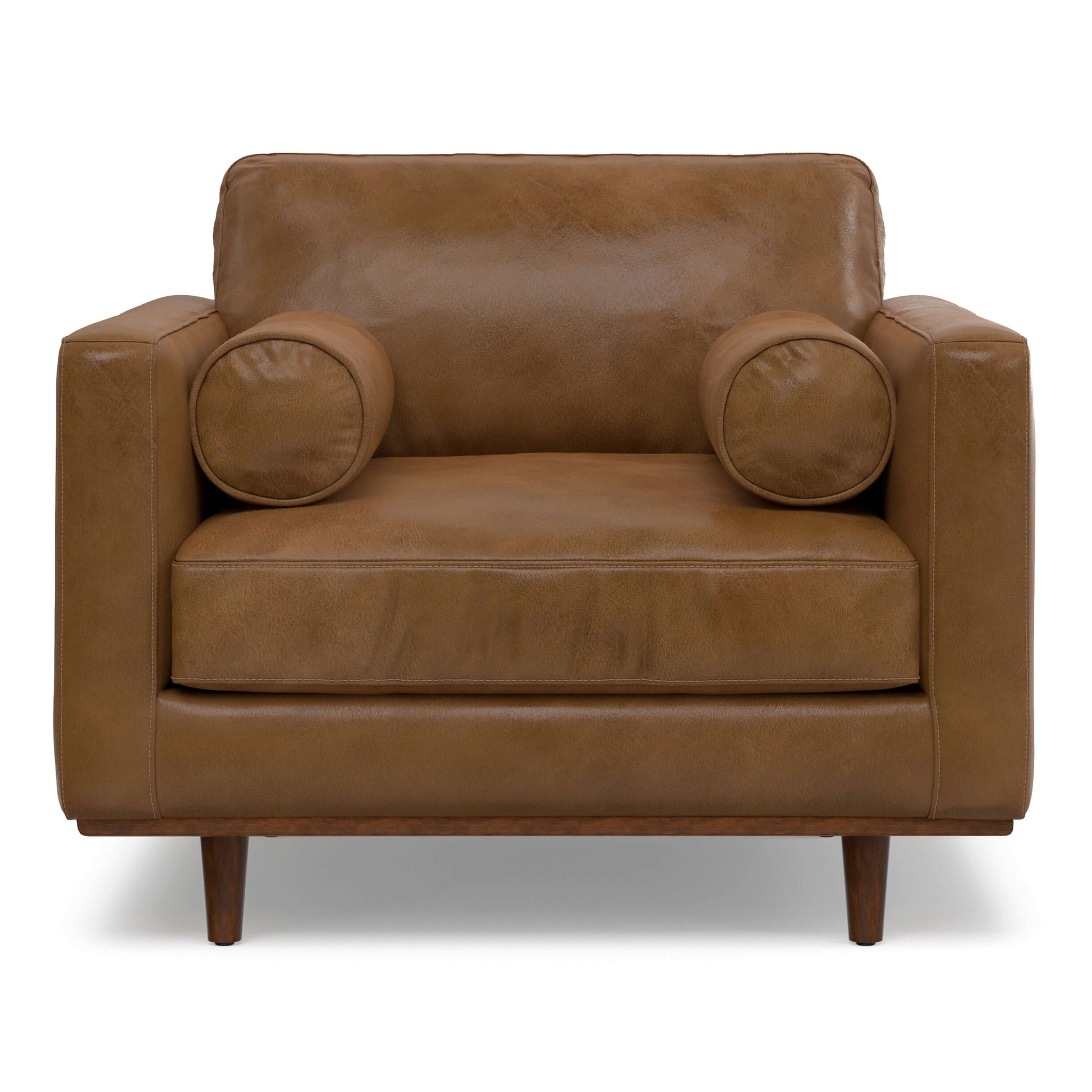Modern Top-Grain Brown Caramel Leather Armchair 42” – Morrison MCM Leather Accent Chair in a cozy living room setting.