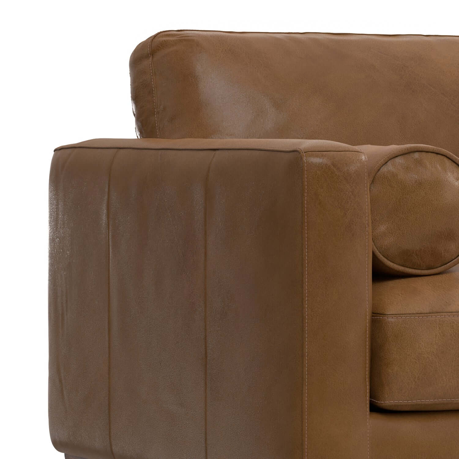 Modern Top-Grain Brown Caramel Leather Armchair 42” – Morrison MCM Leather Accent Chair close-up of armrest and upholstery.