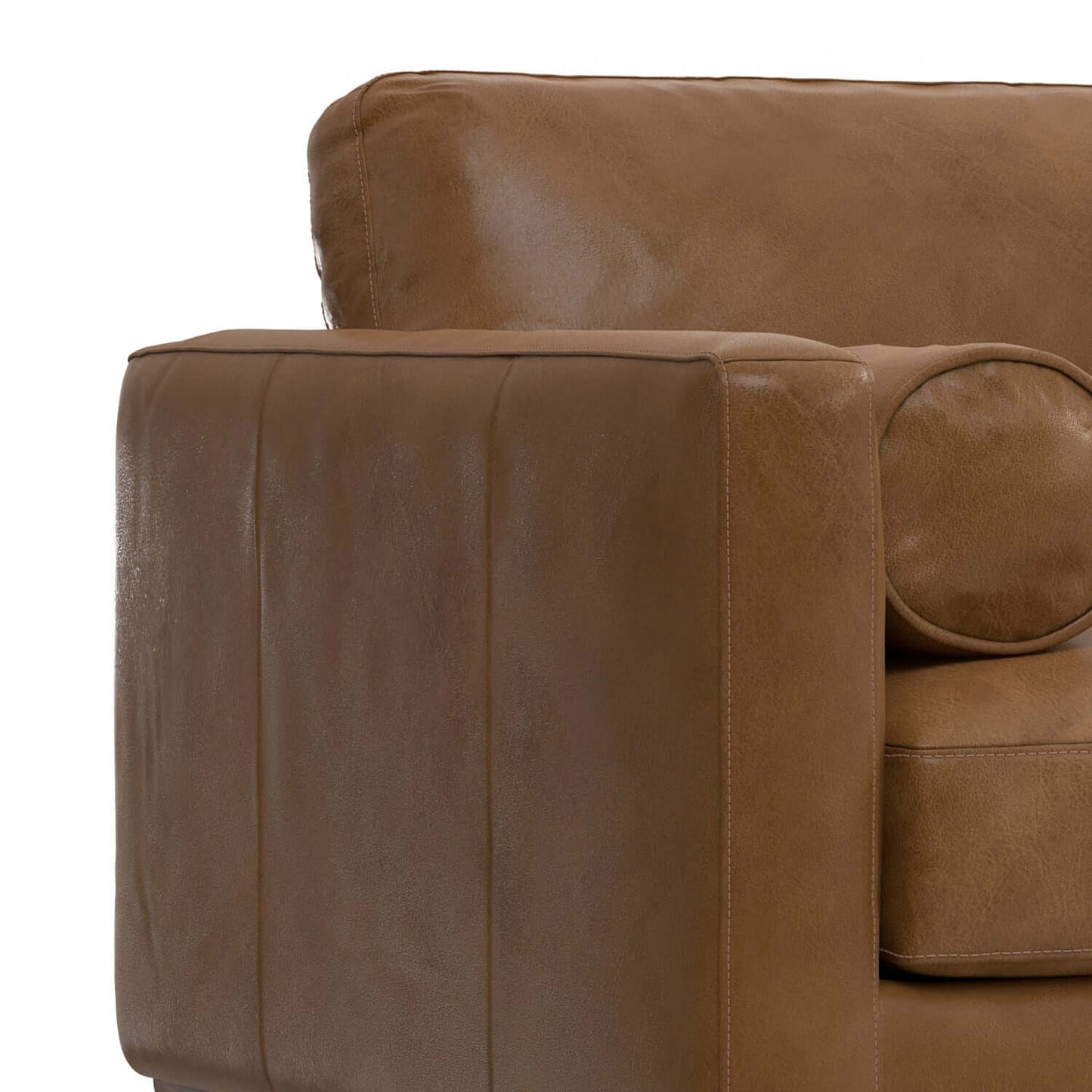 Modern Top-Grain Brown Caramel Leather Armchair 42” – Morrison MCM Leather Accent Chair close-up of armrest and upholstery.