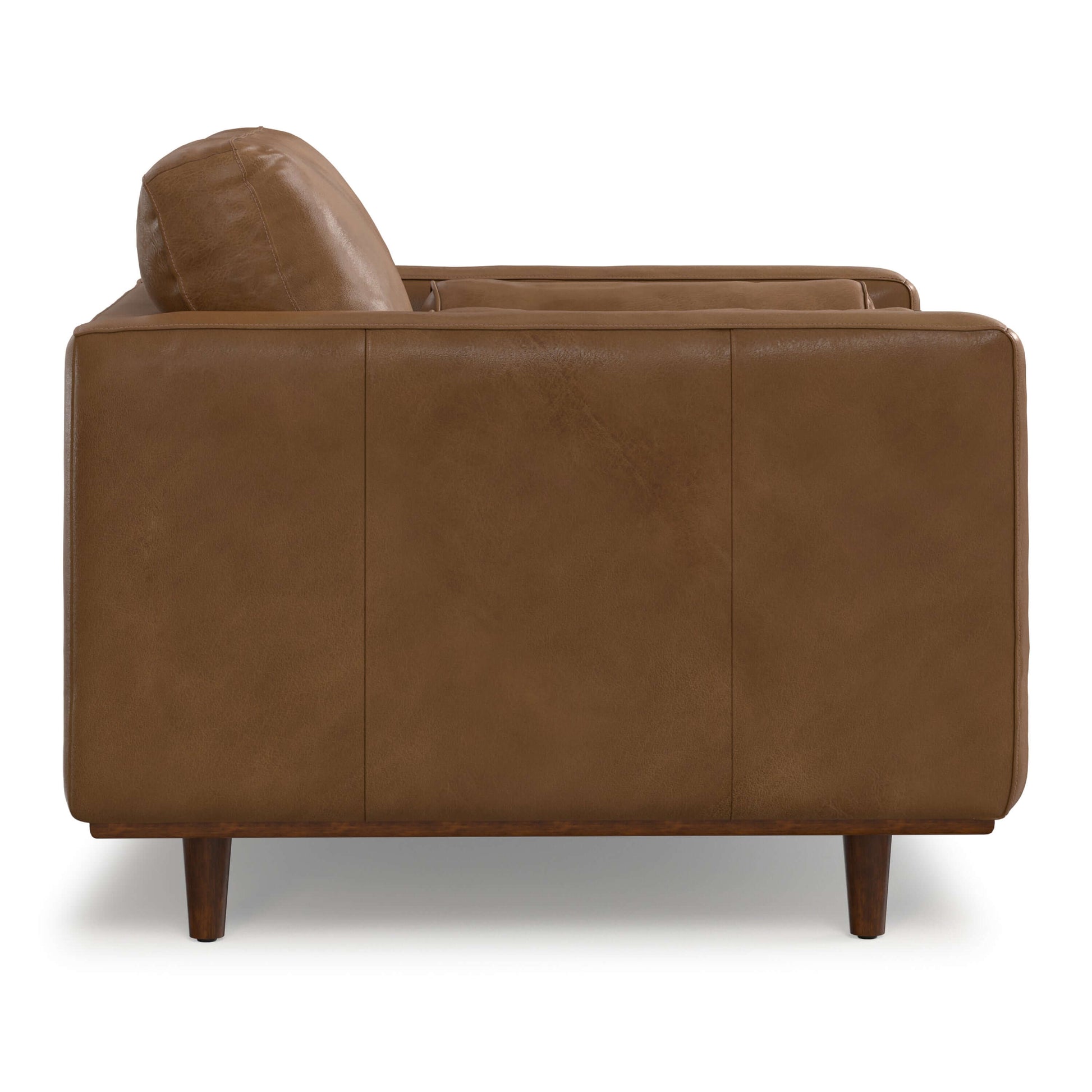 Modern Top-Grain Brown Caramel Leather Armchair 42” – Morrison MCM Leather Accent Chair side view showcasing rich leather texture.