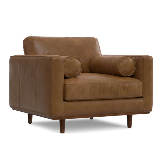 Modern Top-Grain Brown Caramel Leather Armchair 42” – Morrison MCM Leather Accent Chair in luxurious leather upholstery.