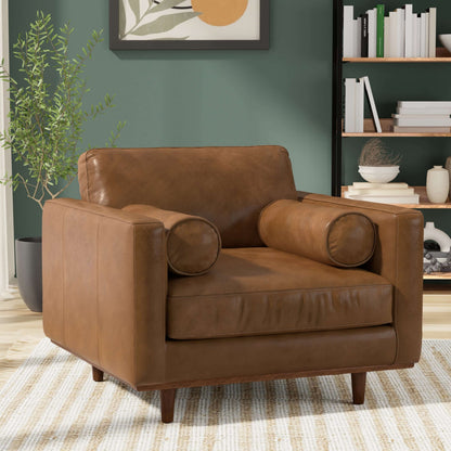 Modern Top-Grain Brown Caramel Leather Armchair 42” – Morrison MCM Leather Accent Chair in stylish living room setting.