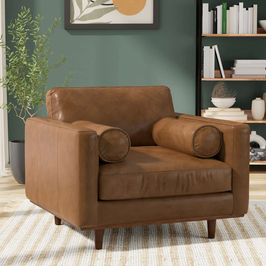 Modern Top-Grain Brown Caramel Leather Armchair 42” – Morrison MCM Leather Accent Chair in stylish living room setting.