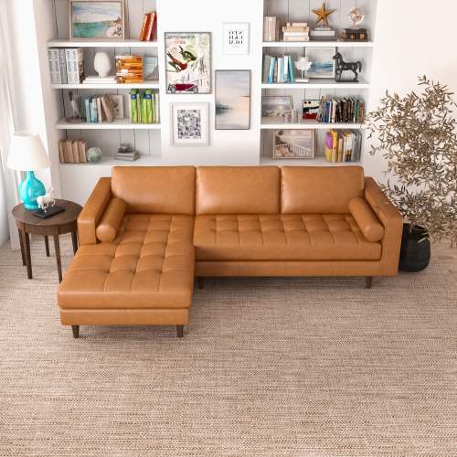 Modern Tufted Leather Chaise Sofa Sectional 101” – Anthony MCM Genuine Leather L-Shape Couch in stylish living room setting.